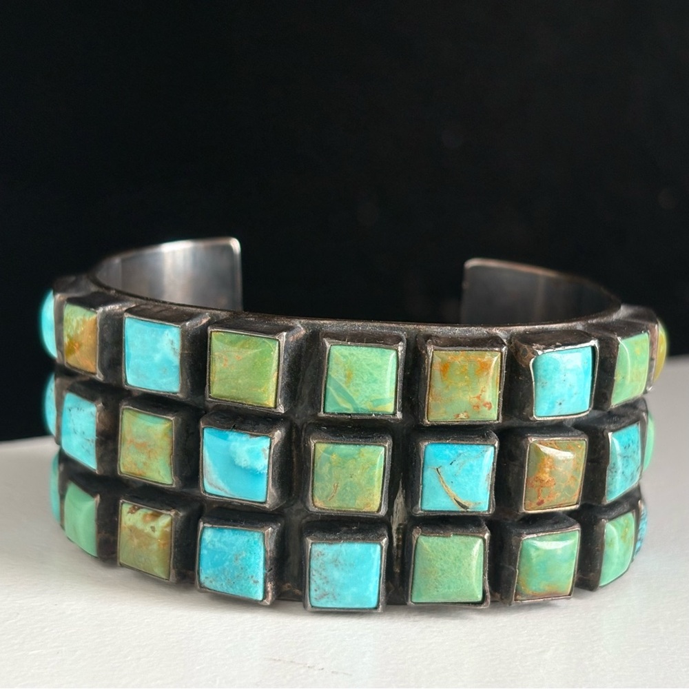 Sterling Silver Zuni Mid Century Mod Square Turquoise Petit Point Row Grid Cuff - Picture 3 of 15